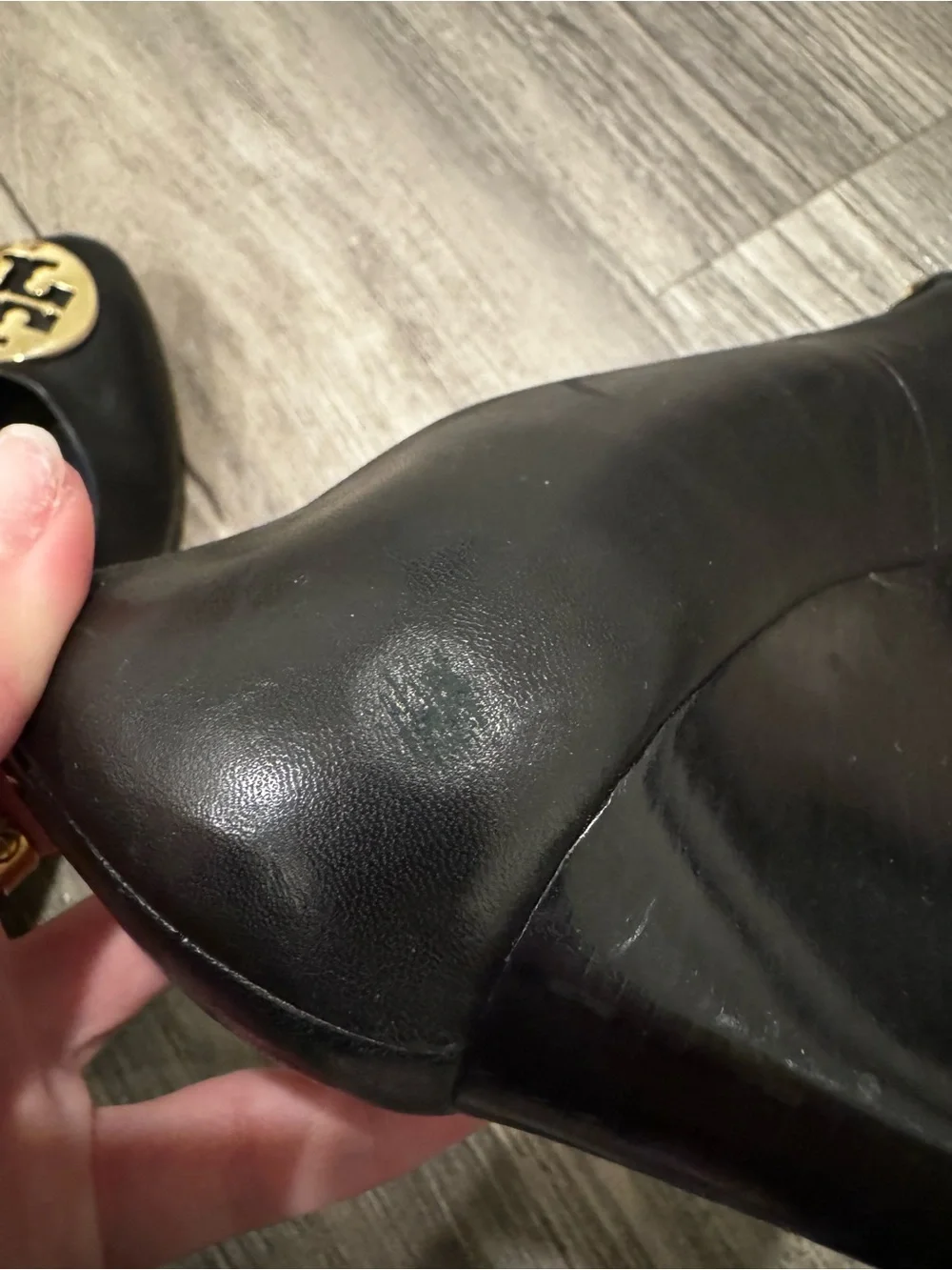 Tory Burch Black Sally Leather Wedge Gold Logo Size 10.5 (10 1/2)